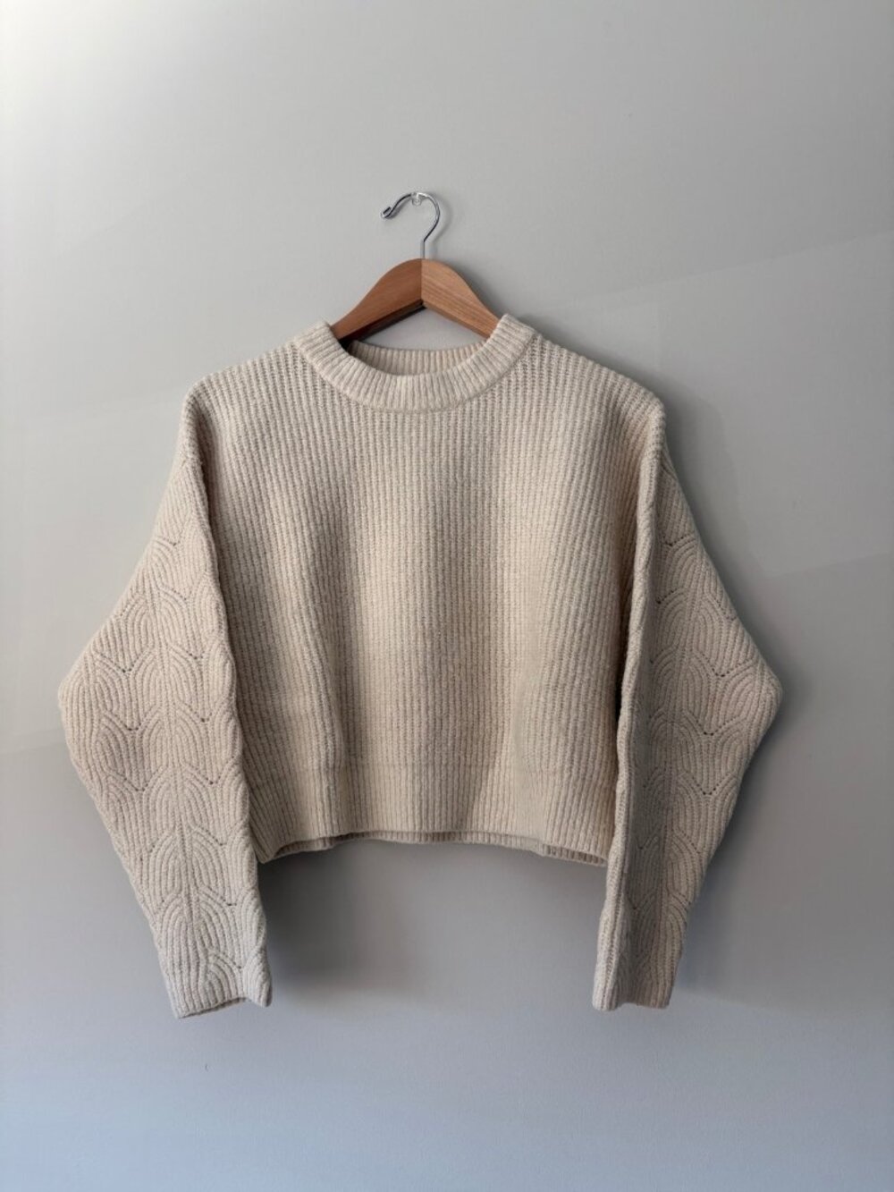 Elodie Cropped Sweater Cream Knit Balloon Sleeve Size S